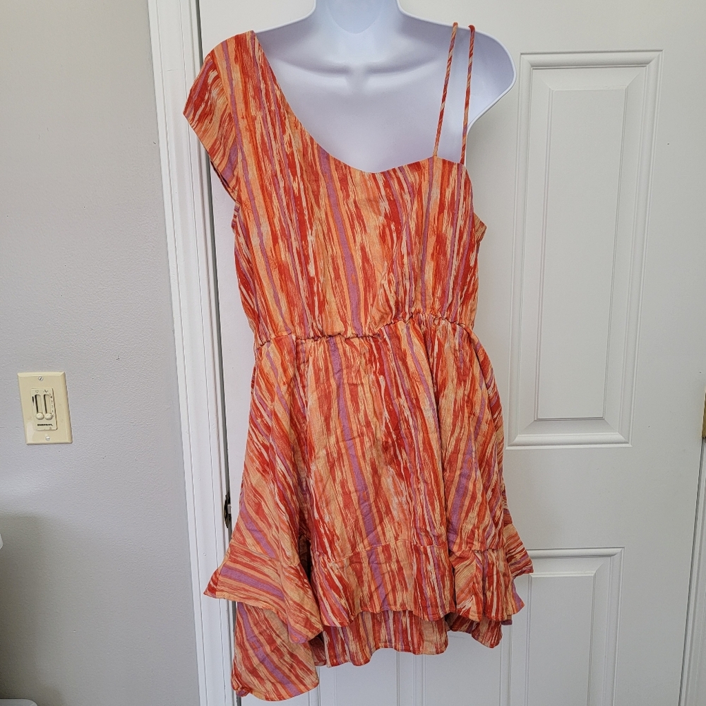 Free People Heart Shaped Face One Shoulder Mini Dress Orange/Multi-Size L #NA228 - Picture 4 of 10